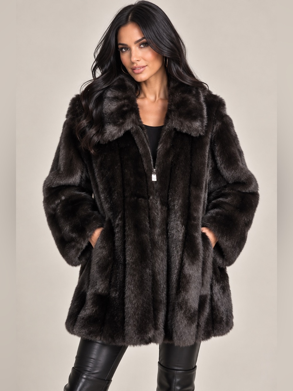 Dennis Basso 1X Black Faux Fur Coat Oversized Collar Zip NWOT